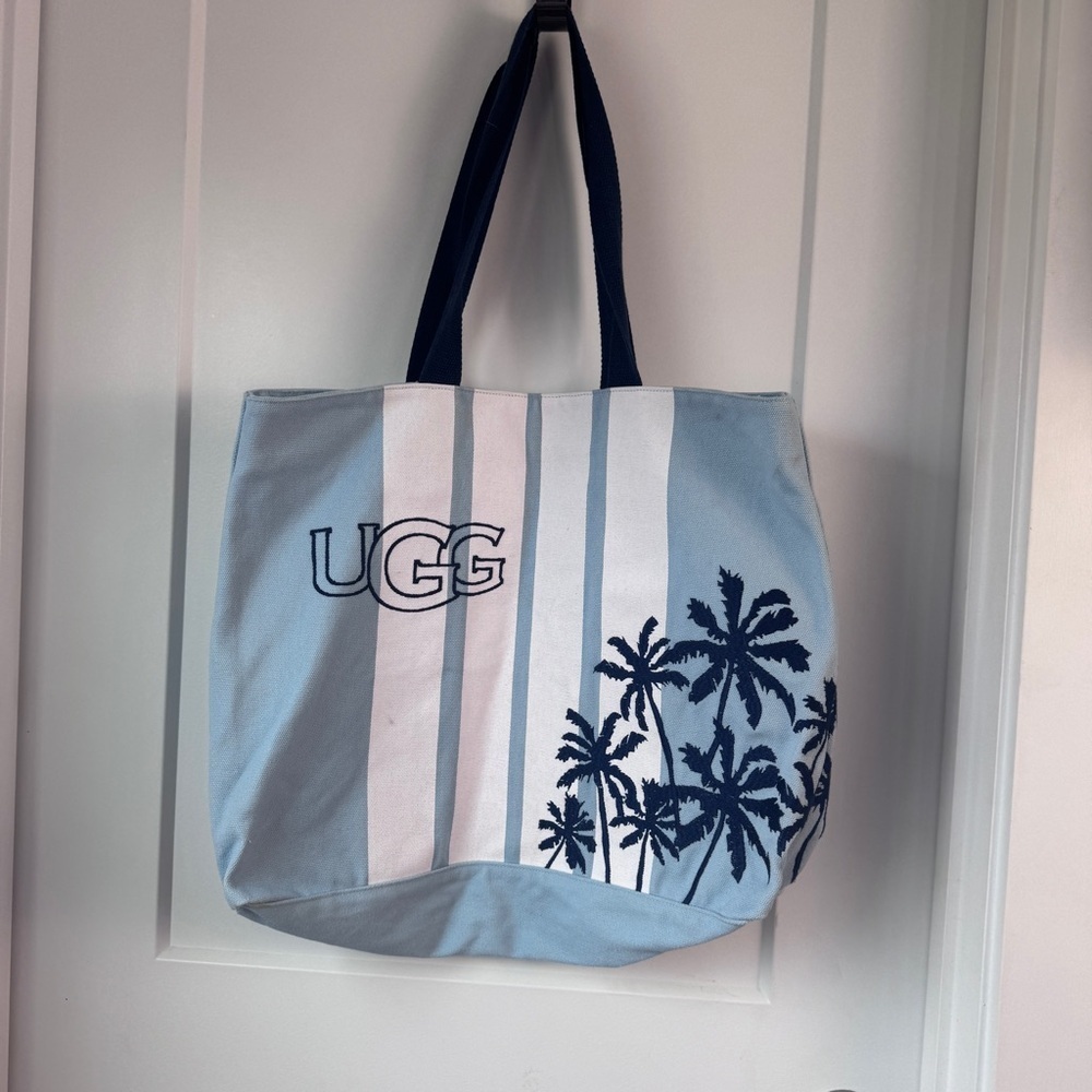 UGG Canvas Tote Bag Blue White Stripe Palm Tree Cotton Beach Carryall Pool